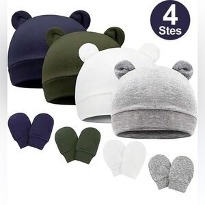 New Newborn Teddy ears Hat and Mittens sets 4 sets
